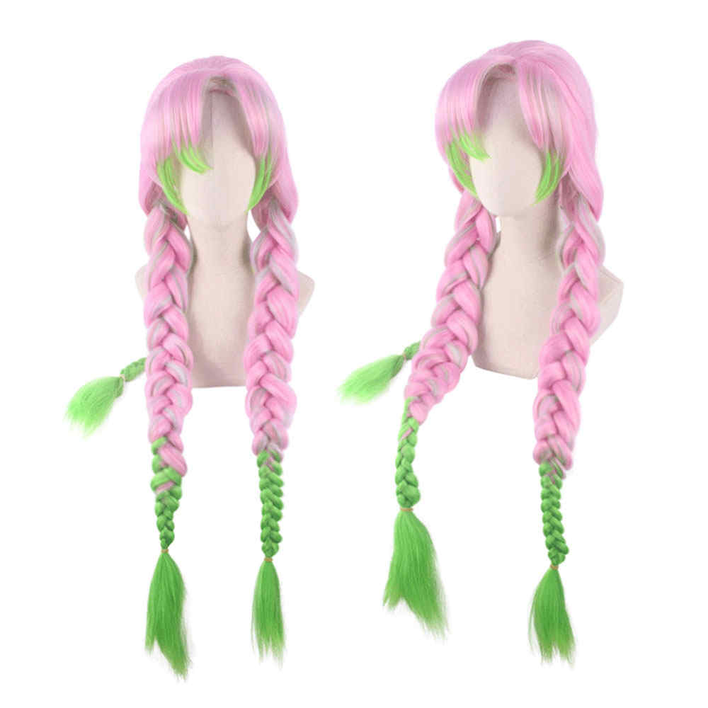 Anime Demon Slayer Kanroji Mitsuri Halloween Wig Sintético Largo trenzado Kimetsu No Yaiba
